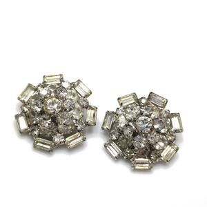 Vintage Clear Rhinestone Floral Clip Earrings, Rhodium Plated, 1960s